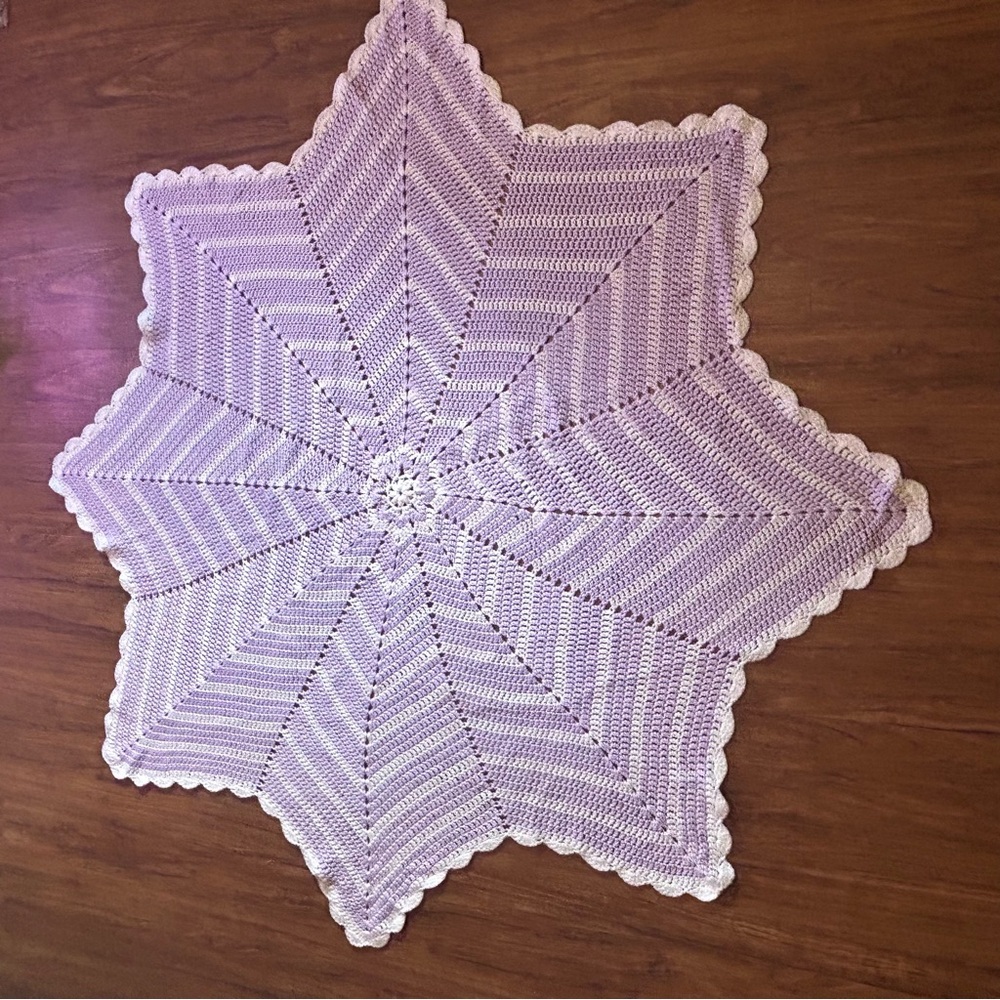 Handmade Starburst Crochet Baby Blanket in Lavender and White table cloth